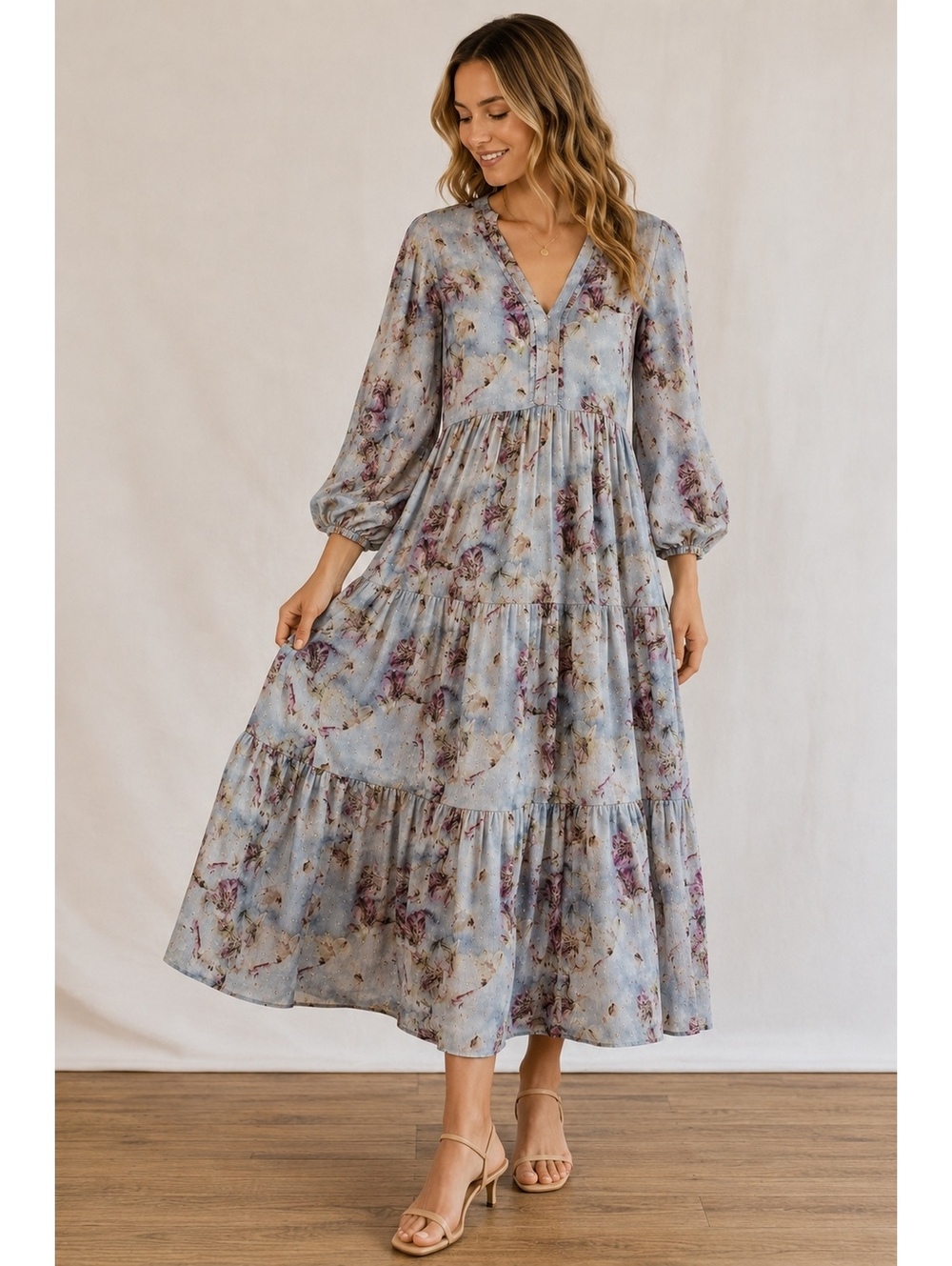 AllSaints Floral Metallic Clip Dot Tiered Midi Dress Long Sleeve V-Neck US 0